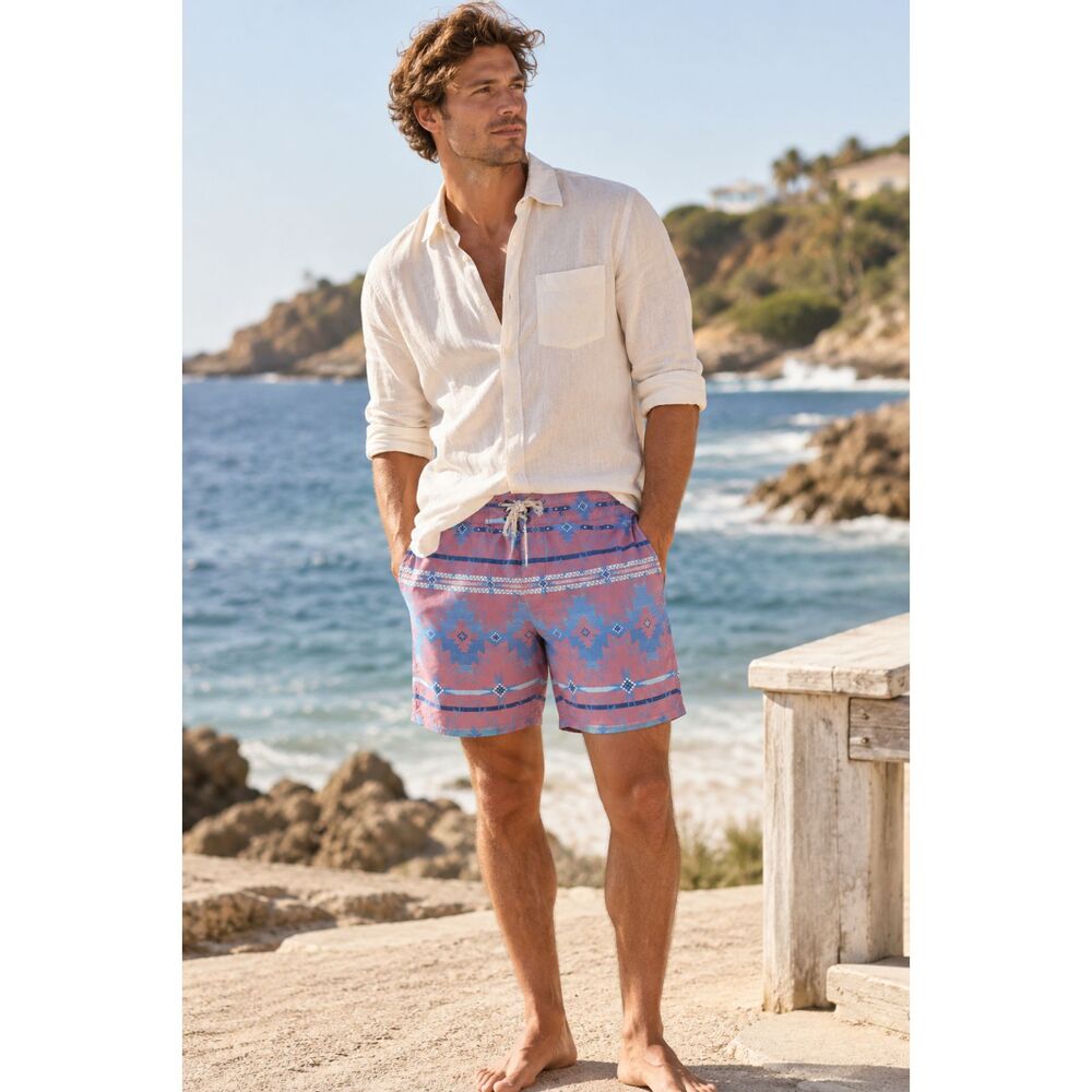 Faherty Pink Blue Pattern Drawstring Shorts Surf Swimwear Trunks  Mens Size 32